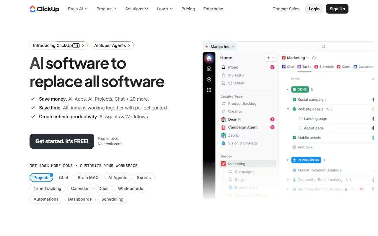Interface de ClickUp — Tout ce dont tu as besoin pour gérer tes projets, à un prix qui défie toute concurrence